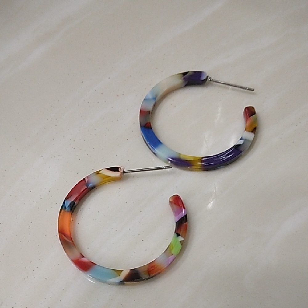 Small Rainbow Tortoise Shell Acrylic Hoop Earrings